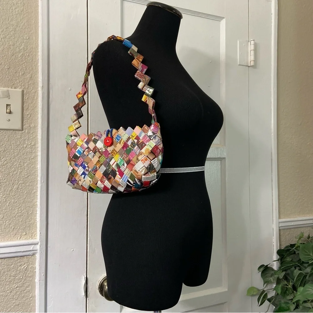 Two Recycled Colorful Woven Wrapper Bags- One Big & One Small Handbag - Picture 6 of 16